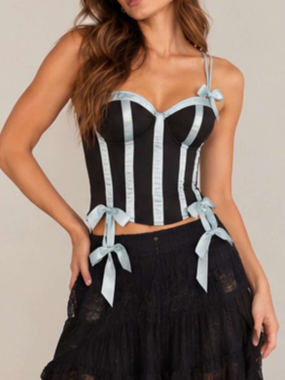 Vintage 90s Morbid Threads Black Blue Satin Bow Bustier Corset 36D Y2K Goth